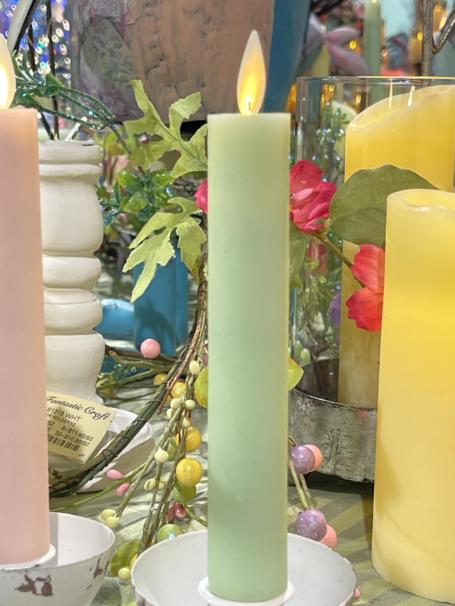 6 Inch Green (2 Pack ) Moving Flame Battery Operated Taper Candle